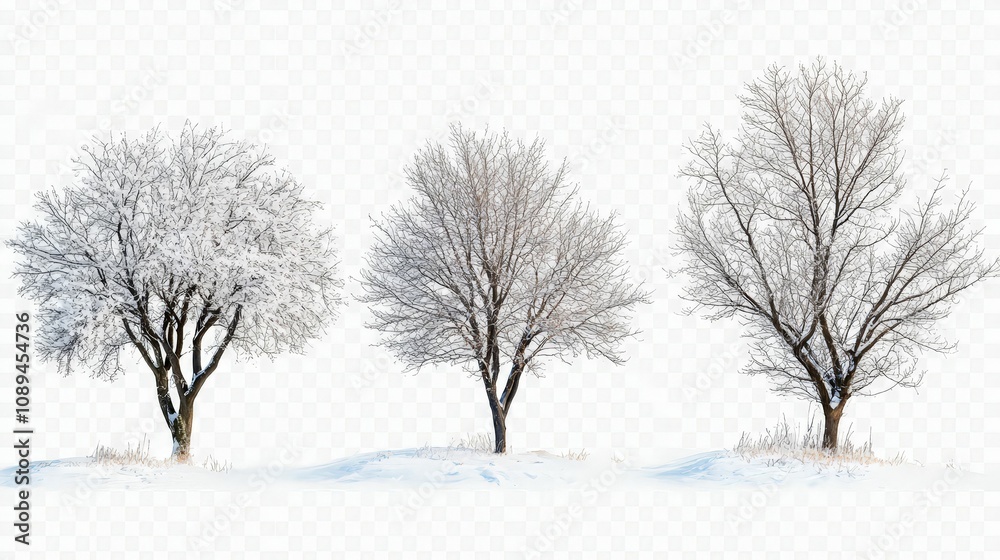 trees in winter concept. Three snow-covered trees stand peacefully in a winter landscape, showcasing the serene beauty of nature in a wintry setting. trees in winter concept. Three snow-covered trees stand peacefully in a winter landscape, showcasing the serene beauty of nature in a wintry setting.