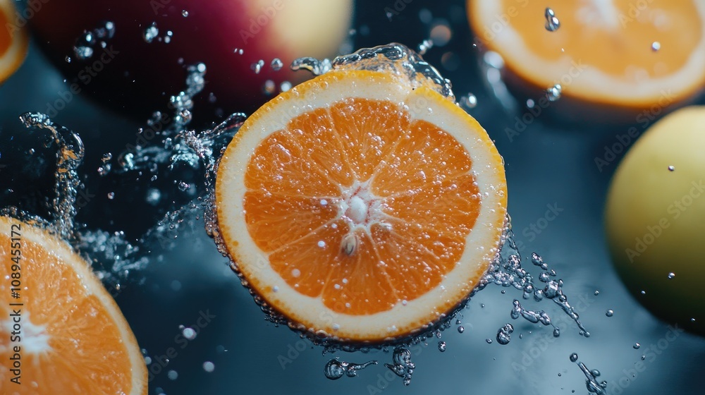 Slices of apple, orange, and lemon falling into water, creating vibrant splashes and bubbles, perfect for a healthy and fresh look. Slices of apple, orange, and lemon falling into water, creating vibrant splashes and bubbles, perfect for a healthy and fresh look.