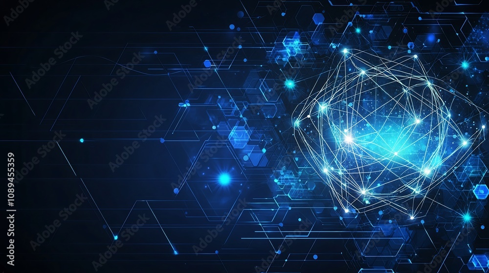 Cosmic atom icon with glowing interconnected orbits and sparkles set against a sleek polygonal blue technology background perfect for nuclear or molecular science themes digital art and futuristic Cosmic atom icon with glowing interconnected orbits and sparkles set against a sleek polygonal blue technology background perfect for nuclear or molecular science themes digital art and futuristic