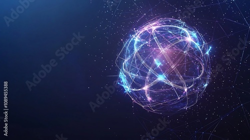 Cosmic atom icon with glowing interconnected orbits and sparkles set in a sleek polygonal blue technology background perfect for nuclear or molecular science themes digital art