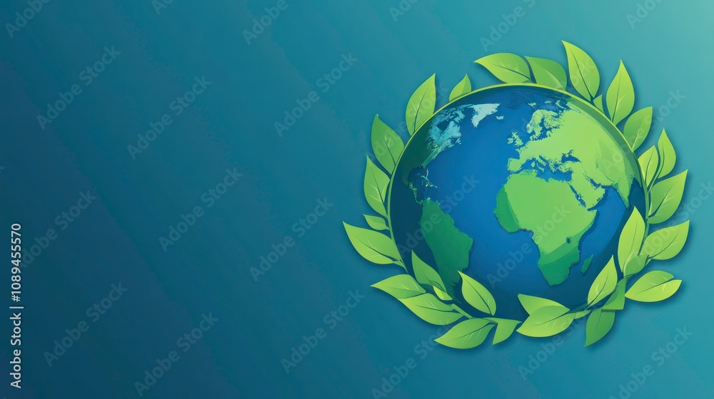 A blue globe surrounded by green leaves against a blue gradient background. A blue globe surrounded by green leaves against a blue gradient background.