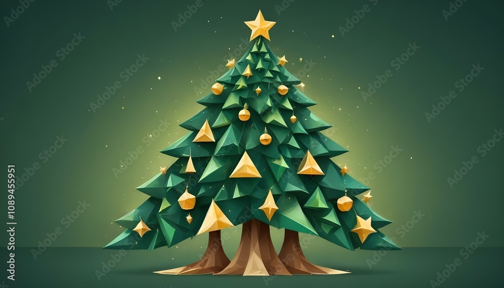 Árbol de Navidad Abstracto Un árbol de Navidad estilizado hecho de formas geométricas, como triángulos o círculos, en tonos verdes y dorados, con estrellas brillantes suspendidas alrededor