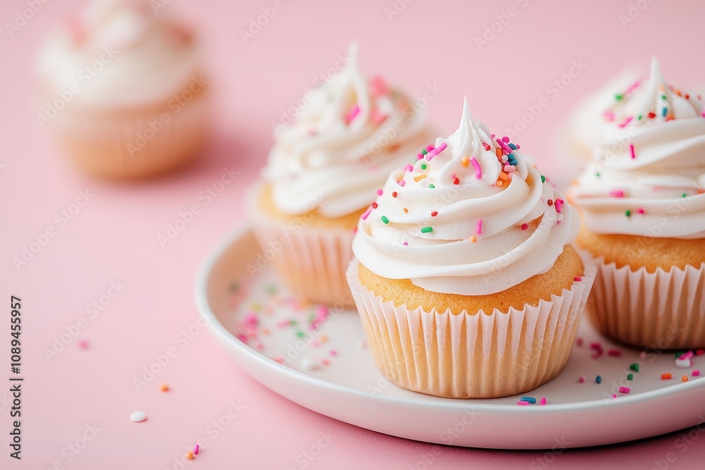 Soft Cupcakes with Icing and Sprinkles on a Plate Soft Cupcakes with Icing and Sprinkles on a Plate