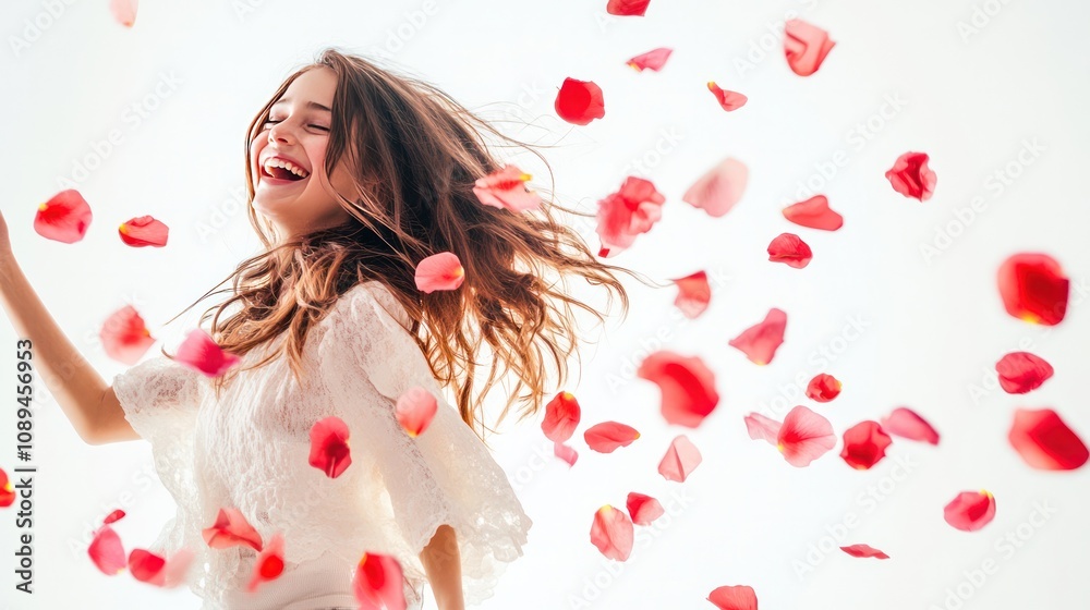 a girl playing with rose petals, with some gently falling around her against a stark white background. a girl playing with rose petals, with some gently falling around her against a stark white background.