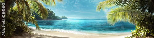 Tropical Island Sanctuary: Pristine white sand, framed by swaying palm trees and turquoise waters, inviting relaxation.