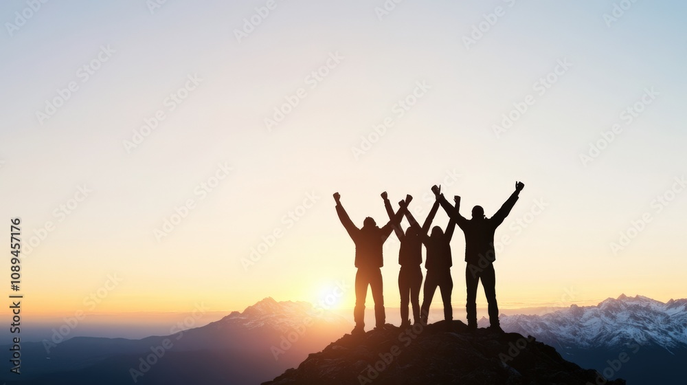 group of friends celebrating at sunset on a mountain peak