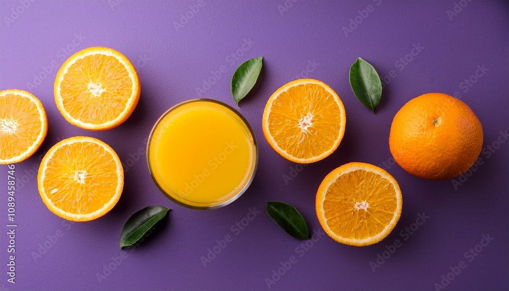 Fototapeta premium orange juice and fresh orange on purple background flat lay