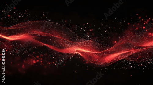 Abstract red wave of light and particles on a black background.