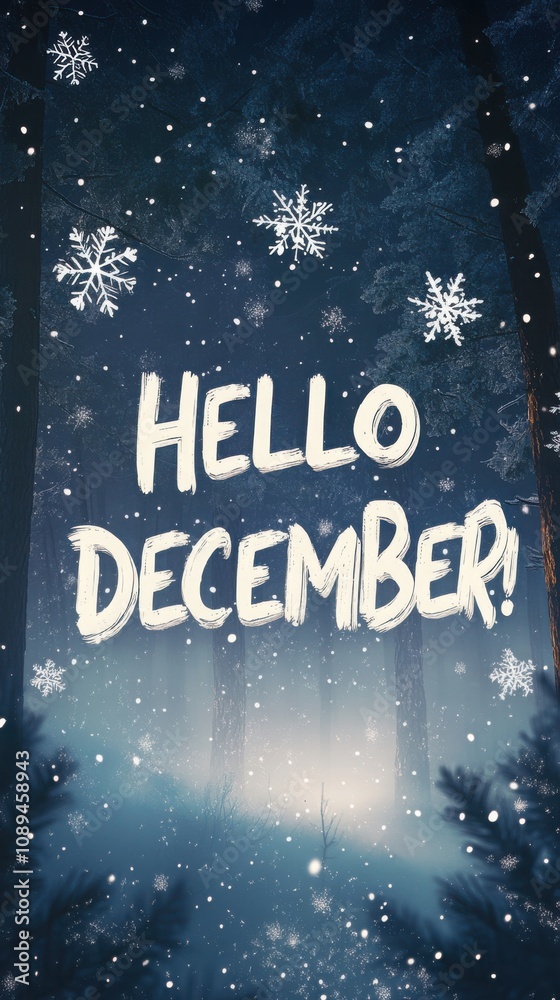 Hello December text in handwritten style with snowflakes and frosted trees in a peaceful blue winter forest Hello December text in handwritten style with snowflakes and frosted trees in a peaceful blue winter forest