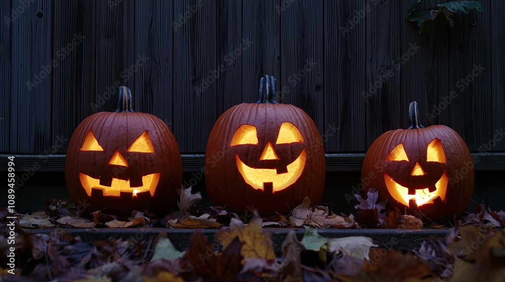 Fototapeta premium Three cheerful carved pumpkins glowing warmly during Halloween festivities.