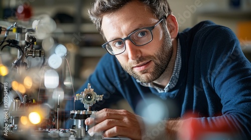 Focused Engineer Carefully Fine Tuning and Adjusting Advanced Energy Modules in a Dimly Lit Laboratory Surrounded by Charts Gadgets and Dynamic Renewable Energy Simulations photo