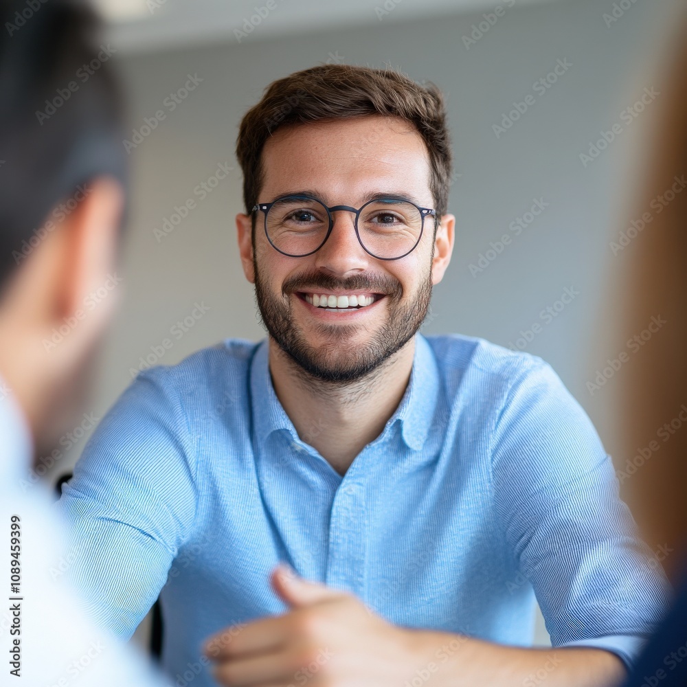smiling man in a casual office setting engaging with colleagues smiling man in a casual office setting engaging with colleagues