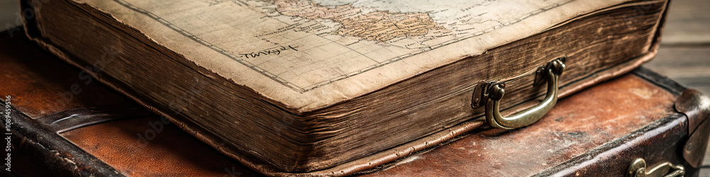An old leather book, opened to a hand-drawn map, rests on a vintage suitcase. An old leather book, opened to a hand-drawn map, rests on a vintage suitcase.