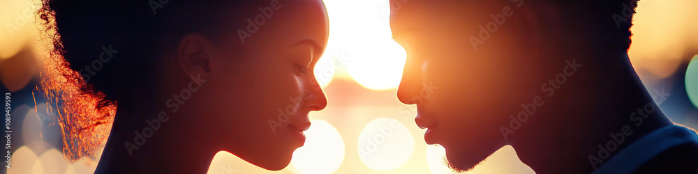 A pair of lovers gazing into each other's eyes as the sky fades from day to night. A pair of lovers gazing into each other's eyes as the sky fades from day to night.