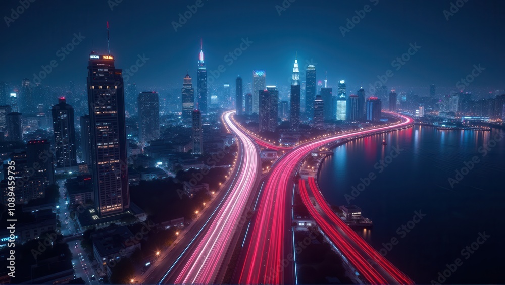 Fototapeta premium Night cityscape with illuminated skyscrapers and busy traffic trails on a curved overpass by the waterfront. Generative, AI,