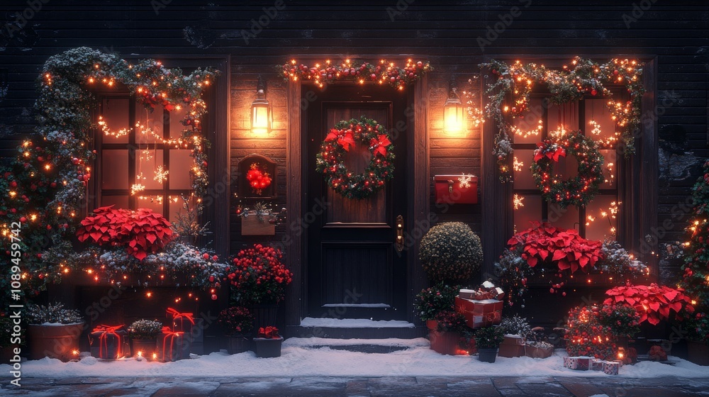 Obraz premium Festive winter holiday decorations on a cozy home entrance
