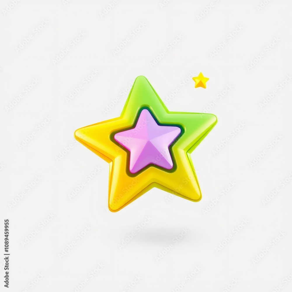 Colorful 3D star icon with a gradient of yellow, green and purple on white background. Colorful 3D star icon with a gradient of yellow, green and purple on white background.