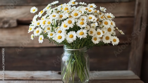 A beautiful bouquet of daisies arranged in a rustic mason jar on a wooden table.