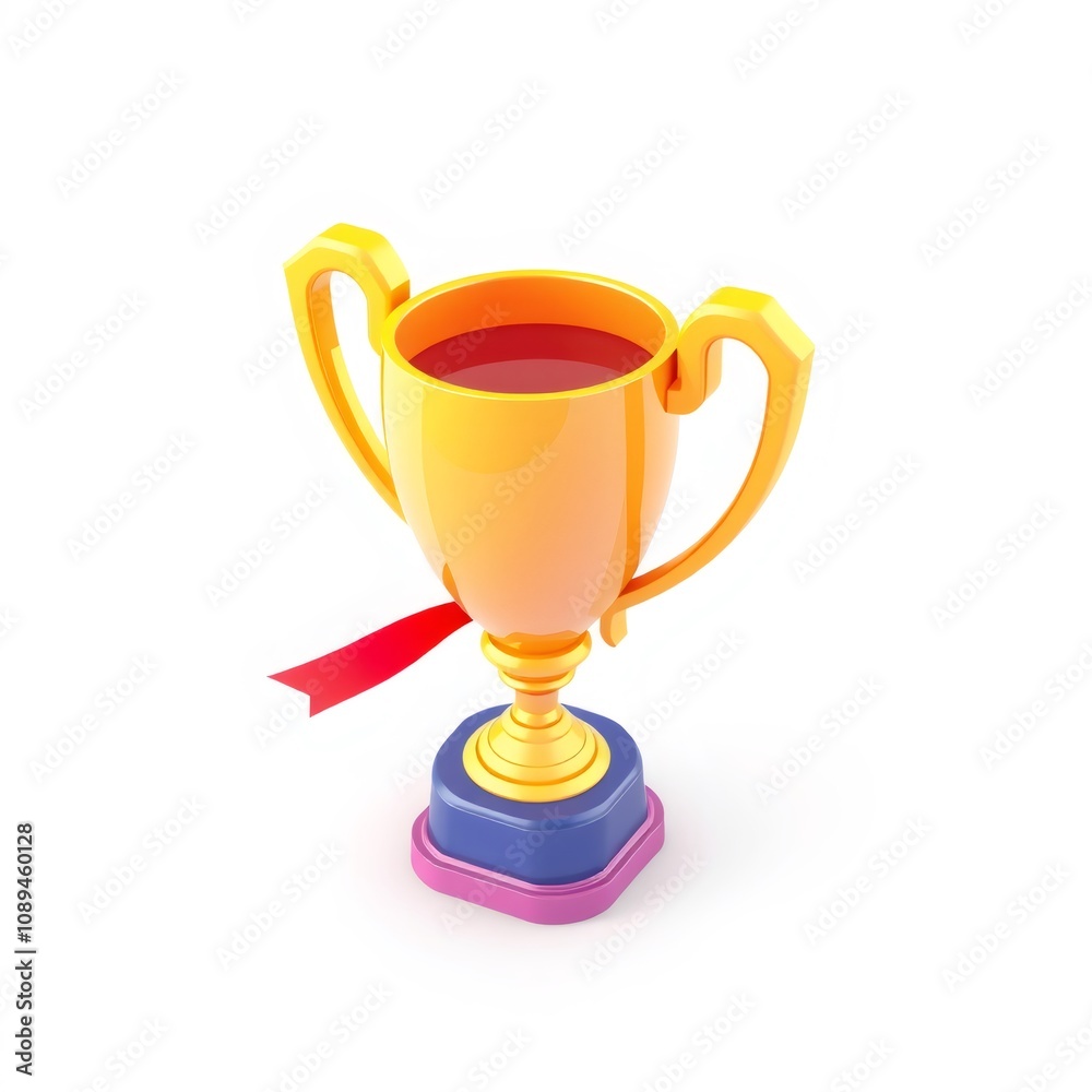 Golden trophy cup with red ribbon on a blue and pink base. Golden trophy cup with red ribbon on a blue and pink base.