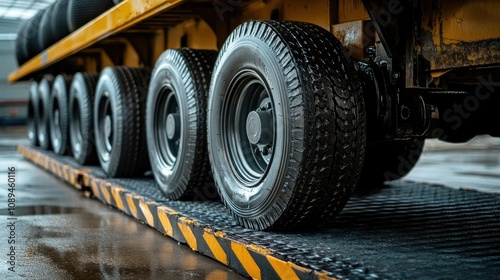 Trailer wheels lined up on a loading dock, with black tires and metal hubs ready for the journey.