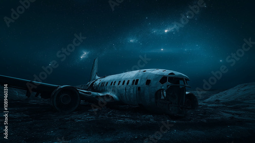 Wallpaper Mural Night view of airplane remains under the stars - Wrecked airplanes lying under a clear night sky full of stars, a soft glow illuminating the metal with a mysterious ambianc Torontodigital.ca