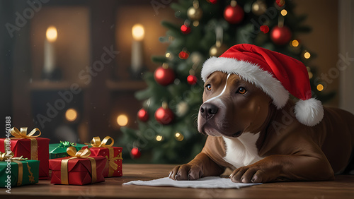 Close up of a Pitbull Dog wearing a Santa Claus hat on a table with Christmas attributes around it