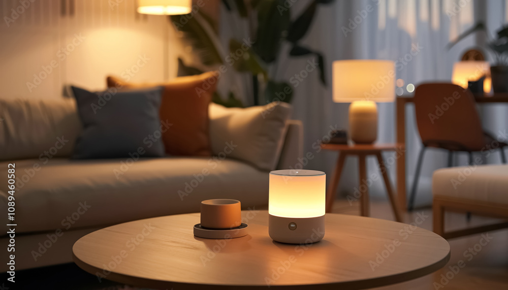 smart virtual assistant for help in domestic life and intelligent home, glowing smart speaker controlled by phone, wireless moder technology smart virtual assistant for help in domestic life and intelligent home, glowing smart speaker controlled by phone, wireless moder technology