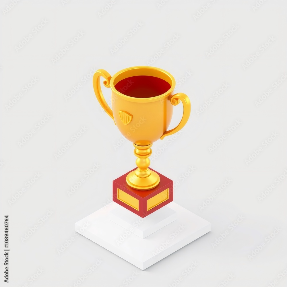 Golden trophy cup with red base and white square podium, isolated on a white background. Golden trophy cup with red base and white square podium, isolated on a white background.