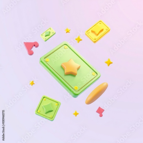 Colorful 3D geometric shapes and stars on a pastel background.