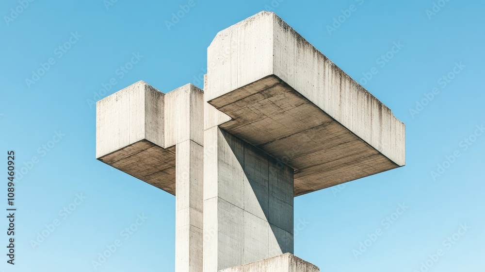 Fototapeta premium Unique concrete structure with bold architectural lines set against a clear blue sky, evoking modern sophistication.