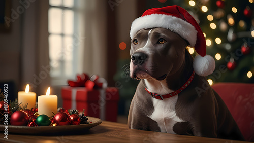 Close up of a Pitbull Dog wearing a Santa Claus hat on a table with Christmas attributes around it