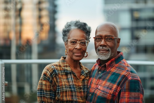 Portrait of a tender afro-american couple in their 60s dressed in a relaxed flannel shirt in modern cityscape background