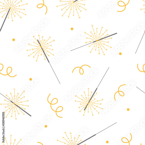 Seamless pattern with burning sparklers. Indian or Bengal lights wallpaper. Background with sparkling fireworks, decorations for New Year celebration, birthday and other parties. Vector illustration.