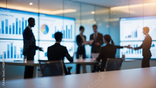Blurred professionals collaborating on a planning session, large digital screens in the background displaying charts in modern office.