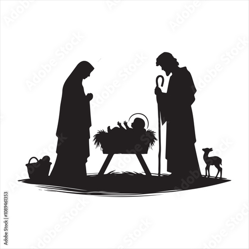 Baby Jesus in a manger, with Mary and Joseph vector art illustration