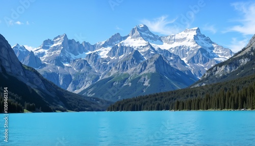 Snow-capped mountains and turquoise lake in clear weather