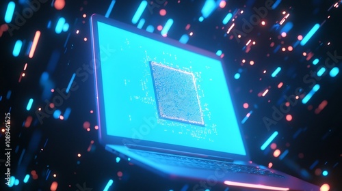 Futuristic digital hacker concept featuring a light blue laptop with a glowing chip set against a futuristic electronics background with glitch effects and flowing computer data