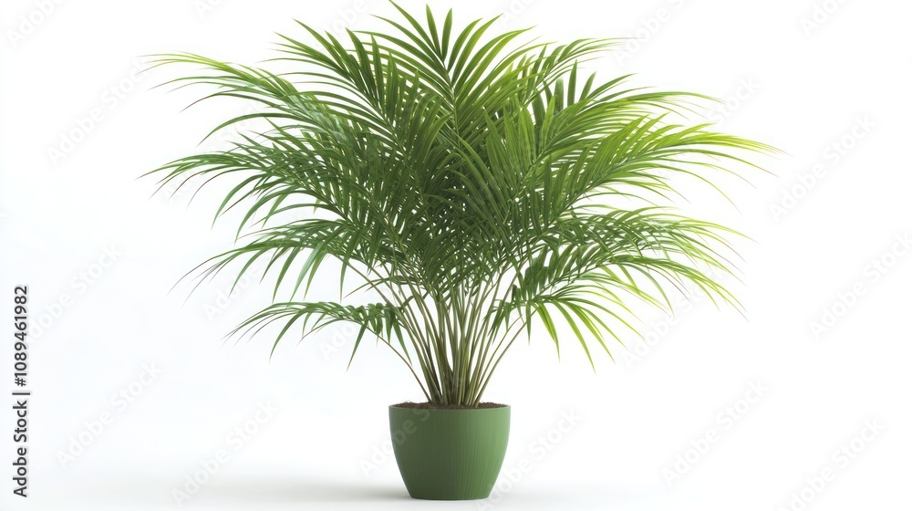 Lush green potted palm plant on white background. Lush green potted palm plant on white background.