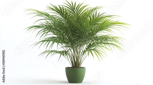 Lush green potted palm plant on white background.