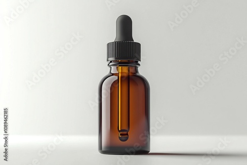 A dropper bottle filled with a liquid, typically used for essential oils, serums, or other liquid products, set against a minimalist background.