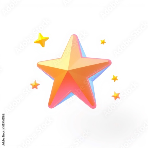 A large 3D pink and yellow star with smaller yellow stars around it.