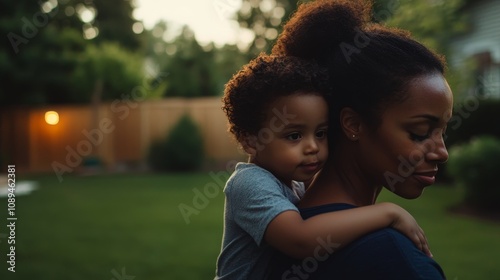 Serene Moment of Connection: Loving Afro-Latina Mother and Child in Grassy Backyard with Soft Light