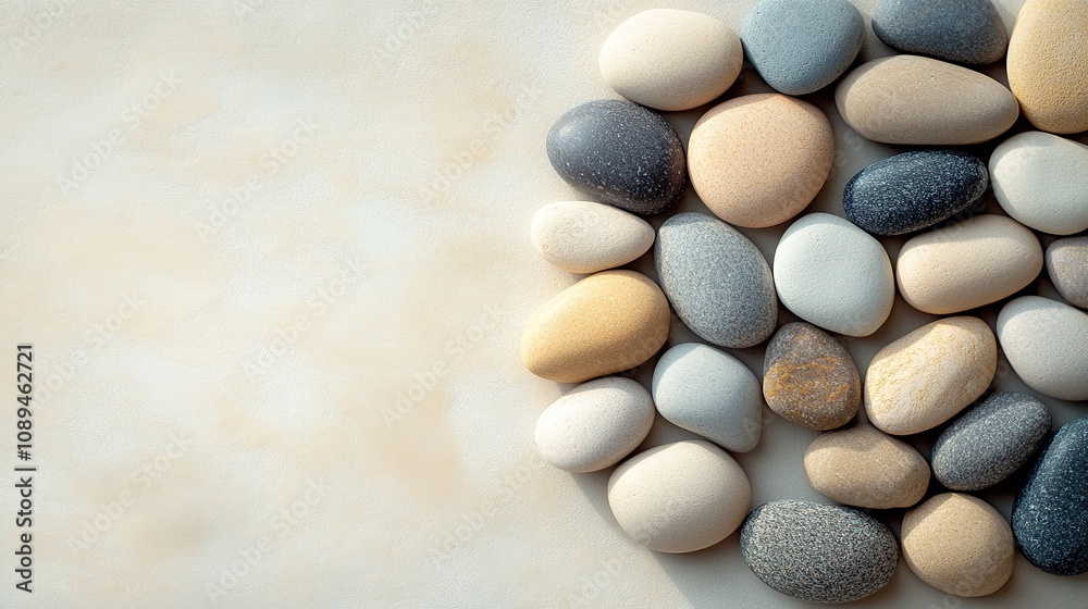 Smooth pebbles arranged on right, with empty beige space. Smooth pebbles arranged on right, with empty beige space.