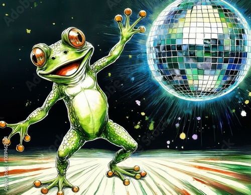 Green coquí frog disco dancing with mirror ball in background photo