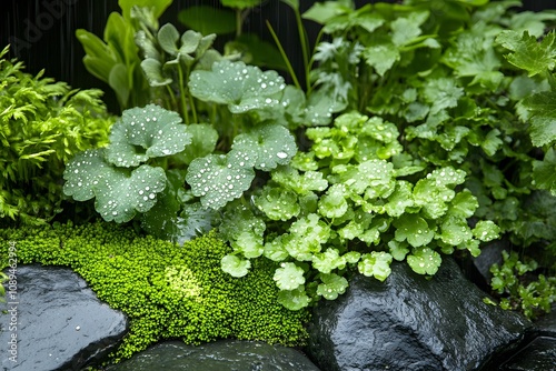 mossy rocks with lush greenery and cascading water surrounded by tropical plants and garden close-up with wet foliage photo