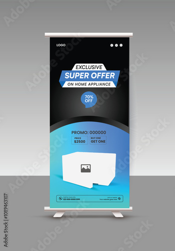 Kitchen Interior Equipment Mega offers a roll-up banner design template, Black Friday home appliance accessories sale vertical banner or presentation display banner design template