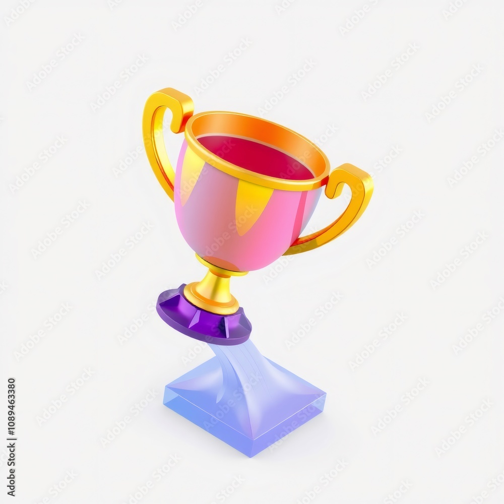 A pink and gold trophy tilted on a blue base. A pink and gold trophy tilted on a blue base.