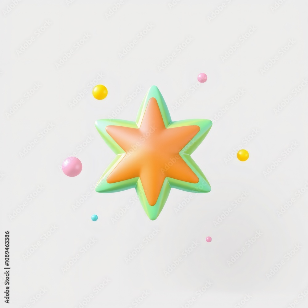 A 3D orange star with a green outline and five colorful spheres on a white background. A 3D orange star with a green outline and five colorful spheres on a white background.