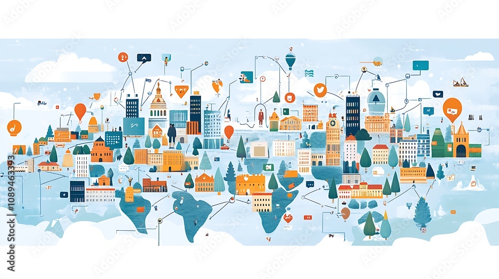 A world map with icons of people and social media network connection A world map with icons of people and social media network connection