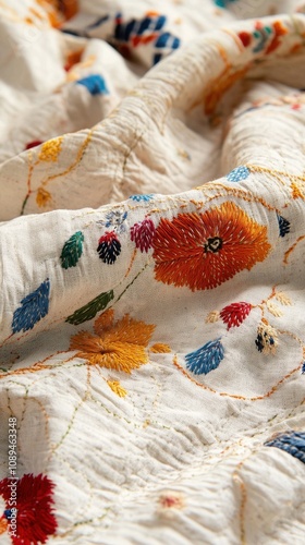 Handwoven Nakshi Kantha features vibrant colors and intricate stitching on a light grey background photo